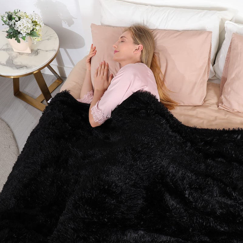 Tuddrom Decorative Extra Soft Faux Fur Blanket Twin Size 70" x78",Reversible Fuzzy Lightweight Long Hair Shaggy Fleece Blanket,Fluffy Cozy Plush Comfy Microfiber Throw Blanket for Couch Sofa Bed,Black - Image 4
